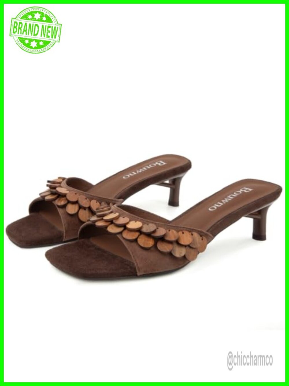 Suede Kitten Heel Slide Sandals Square Toe Mule Wood Tassel Slip On